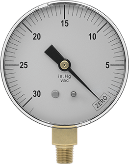 Image of Product. Front orientation. Vacuum Gauge with Steel Case, 1 Scale, 2.5" Dial, 1/8 NPT Male Bottom Connection, NIST Certificate.