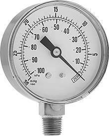 Image of Product. Front orientation. Vacuum Gauge with Steel Case, Dual Scale, 2-1/2" Dial, 1/4 NPT Male Bottom Connection.