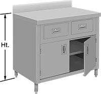 Image of Product. Front orientation. Contains Annotated. Workbenches. Stainless Steel Cabinet Workbenches, Style B.