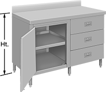 Image of Product. Front orientation. Contains Annotated. Workbenches. Stainless Steel Cabinet Workbenches, Style C.