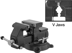 Image of Product. Front orientation. Contains Annotated, Inset. Vises. Extra-Wide-Opening Bench Vises.