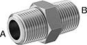 Image of Product. Male x Male. Front orientation. Contains Annotated. Pipe and Fittings. Precision Extreme-Pressure Stainless Steel Threaded Pipe Fittings, Straight Adapters, Male, Threaded Fitting Connection, Hex Body.