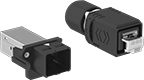 Image of Product. Plastic (Front View). Front orientation. RJ45 Connectors. Push-to-Lock RJ45 Connectors, Shielded, Plastic Housing.