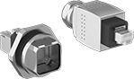 Image of Product. Zinc Alloy (Front View). Front orientation. RJ45 Connectors. Push-to-Lock RJ45 Connectors, Shielded, Nickel-Plated Zinc Alloy Housing.