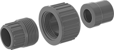 Image of Product. Cement Socket Female x Cement Socket Female. Front orientation. Pipe and Fittings. CPVC Pipe Fittings for Chemicals, Union Straight Adapters, Cement Socket Female × Cement Socket Female.