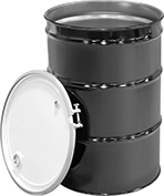 Image of Product. Front orientation. Drums. Steel Drums, 2 Top Openings, Lid, Open Head, Nut-and-Bolt Closing Ring.