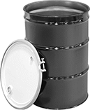 Image of Product. Open Head with Nut-and-Bolt Closing Ring and Lid with Two Openings. Front orientation. Drums. Corrosion-Resistant Steel Drums, 2 Top Openings, Lid, Open Head, Nut-and-Bolt Closing Ring.
