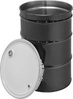 Image of Product. Front orientation. Drums. Steel Drums, Leverlock Closing Ring, Open Head, Lid, 2 Top Openings.