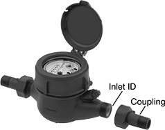 Image of Product. Front orientation. Exploded view. Contains Annotated. Flowmeters. Totalizers, Nylon Body with 304 Stainless Steel/Nylon Fittings.