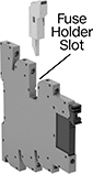 Image of Attribute. Relay with Fuse Holder (Sold Separately). Front orientation. Contains Annotated. Fuse Holder Slot. DIN-Rail Mount Interface Relays.