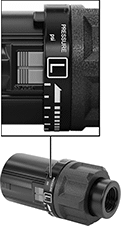 Image of Product. Dial with Slide Lock. Front orientation. Contains Inset. Pressure-Adjustment Dial. Compressed Air Regulators for Air-Powered Tools.