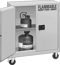 Image of ProductInUse. Mobile Cabinets with 2 Hinged Doors. Front orientation. Cabinets. Bench-Height Safety Cabinets for Flammables, Mobile Storage—Assembled, Hinged Door, 2 Doors.