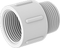 Image of Product. BSPT Male × BSPT Female. Front orientation. Pipe and Fittings. Standard-Wall Plastic Pipe Fittings for Water, Straight Adapters, Male, Female, Threaded Fitting Connection, Hex Body.