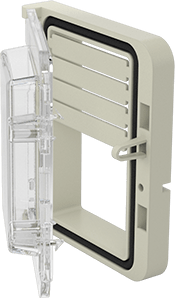 Image of Product. Front orientation. See-Through HMI Cover for Enclosures, Snap in Closure, Polycarbonate, 3-3/4" High x 3" Wide.