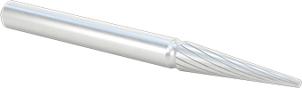 Image of Product. Front orientation. High-Speed Steel Bur, with 1/8" Diameter Shank, Pointed Tapered Cone, 9/16" Head Length .