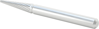 Image of Product. Back orientation. High-Speed Steel Bur, with 1/8" Diameter Shank, Pointed Tapered Cone, 9/16" Head Length .
