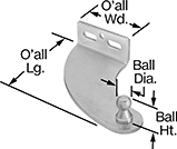 Image of Product. Front orientation. Contains Annotated. Gas Spring Mounts. Corrosion-Resistant 90° Angle Offset-Arm Ball Stud Mounting Brackets for Gas Springs, Style 1.