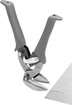 Image of ProductInUse. Front orientation. Sheet Metal-Cutting Snips. Tight-Space High-Force Sheet Metal-Cutting Snips with Offset Handles.