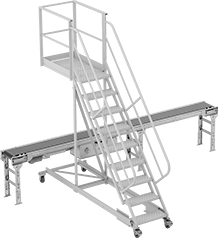 Image of ProductInUse. Extended Base. Front orientation. Extended Base. Extended-Reach Rolling Platform Ladders.