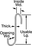 Image of Attribute. Front orientation. Contains Annotated. S-Hooks. S-Hooks—For Lifting, 90° Twist Profile with Rounded Hook.