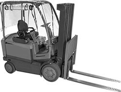 Image of ProductInUse. Front orientation. Forklift Cab Covers. Five-Sided Forklift Covers.