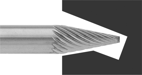 Image of ProductInUse. Front orientation. High-Speed Steel Bur, with 1/8" Diameter Shank, Pointed Tapered Cone, 9/16" Head Length .