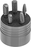 Image of Product. Front orientation. Burs. Bur Sets, 5 Pieces, Plastic Case.