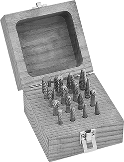 Image of Product. Front orientation. Carbide Bur Set with 1/4" Diameter Shank, 16 Pieces, Double-Cut Tooth.