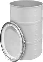 Image of Product. Front orientation. Drums. Heavy Duty Plastic Drums, Open Head with Leverlock Closing Ring and Lid with No Openings.