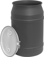 Image of Product. Front orientation. Drums. Plastic Drums, Stackable Open Head with Nut-and-Bolt Closing Ring.