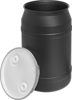 Image of Product. Front orientation. Drums. Plastic Drums, Stackable Open Head with Leverlock Closing Ring.