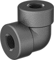 Image of Product. Female. Front orientation. Pipe and Fittings. Extreme-Pressure Iron and Steel Threaded Pipe Fittings, 90° Elbow Connectors, Threaded Fitting Connection, Female.