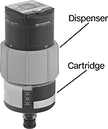 Image of Product. Dispenser Shown with Cartridge (Sold Separately). Front orientation. Contains Annotated. Grease Dispensers. Precision Motor-Driven Grease Dispensers.