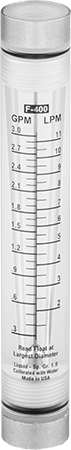 Image of Product. Front orientation. Flowmeter, Cylinder, Polypropylene Fittings, 3/8 NPT Female, 0.3-3 gpm.