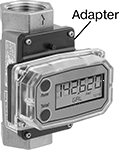 Image of Product. Shown with 90° Display Adapter Kit. Front orientation. Contains Annotated. Flowmeters. Flowmeter/Totalizers, 316 Stainless Steel Body.
