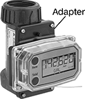 Image of Product. Shown with 90° Display Adapter Kit. Front orientation. Contains Annotated. Flowmeters. Flowmeter/Totalizers, Nylon Body, Nylon Fitting.
