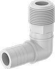 Image of Product. Male × Male. Front orientation. Pipe and Fittings. Plastic Barbed Pipe Fittings for Water, 90° Elbow Adapters, Threaded Fitting Connection, Clamp-on-Barbed Fitting Connection, Male.