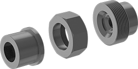 Image of System. Socket Connect (Exploded View). Front orientation. Exploded view. Pipe and Fittings. Extreme-Pressure Iron and Steel Socket-Connect Pipe Fittings, Union Straight Connectors, Socket Connect, Hex Body.