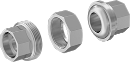 Image of System. Socket Connect, Weld Socket Female (Exploded View). Front orientation. Exploded view. Pipe and Fittings. Low-Pressure Stainless Steel Socket-Connect Pipe Fittings, Union Straight Connectors, Socket Connect, Hex Body.