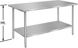Image of Product. Front orientation. Contains Annotated. Tables. Stainless Steel Tables with Shelves, Style B, Stationary, Stainless Steel Shelf.