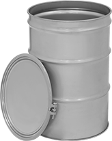 Image of Product. Front orientation. Drums. Stainless Steel Drums, Open Head with Nut-and-Bolt Closing Ring and Lid with No Openings.