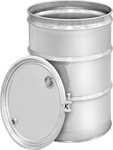 Image of Product. Front orientation. Drums. Stainless Steel Drums, Open Head, Nut-and-Bolt Closing Ring, 2 Top Openings, Lid.