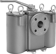 Image of Product. Front orientation. Strainers. Easy-Change Stainless Steel Basket Strainers, With Flanged Pipe Fitting Connections—Mounting Brackets, Removable Cover, and Threaded Drain with Plug.