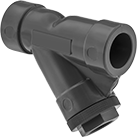 Image of Product. Front orientation. Strainers. PVC Y-Strainers, With Female Cement-Socket-Connect Pipe Fitting Connections—Threaded Drain with Hex Cap.