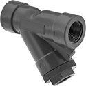 Image of Product. Front orientation. Strainers. PVC Y-Strainers, With Female Threaded Pipe Fitting Connections—Threaded Drain with Hex Cap.