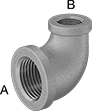 Image of Product. Front orientation. Contains Annotated. Pipe and Fittings. Low-Pressure Brass and Bronze Threaded Pipe Fittings, 90° Elbow Reducers, Female, Threaded Fitting Connection.