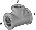 Image of Product. Front orientation. Contains Annotated. Pipe and Fittings. Low-Pressure Brass and Bronze Threaded Pipe Fittings, Inline Tee Reducers, Threaded Fitting Connection, Female.