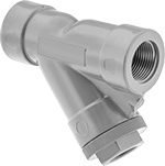Image of Product. Front orientation. Strainers. CPVC Y-Strainers, With Female Threaded Pipe Fitting Connections—Threaded Drain with Hex Cap.