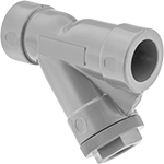 Image of Product. Front orientation. Strainers. CPVC Y-Strainers, With Female Cement-Socket-Connect Pipe Fitting Connections—Threaded Drain with Hex Cap.