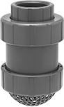 Image of Product. Front orientation. Strainers. Suction Strainers with Backflow-Prevention Valve, With PVC Female Threaded Pipe Fitting Connections.